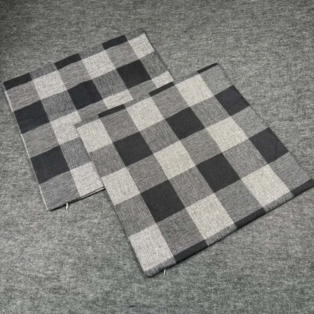 Set of 2 Buffalo Check Throw Pillow Covers Black Grey Plaid Square Hidden Zipper